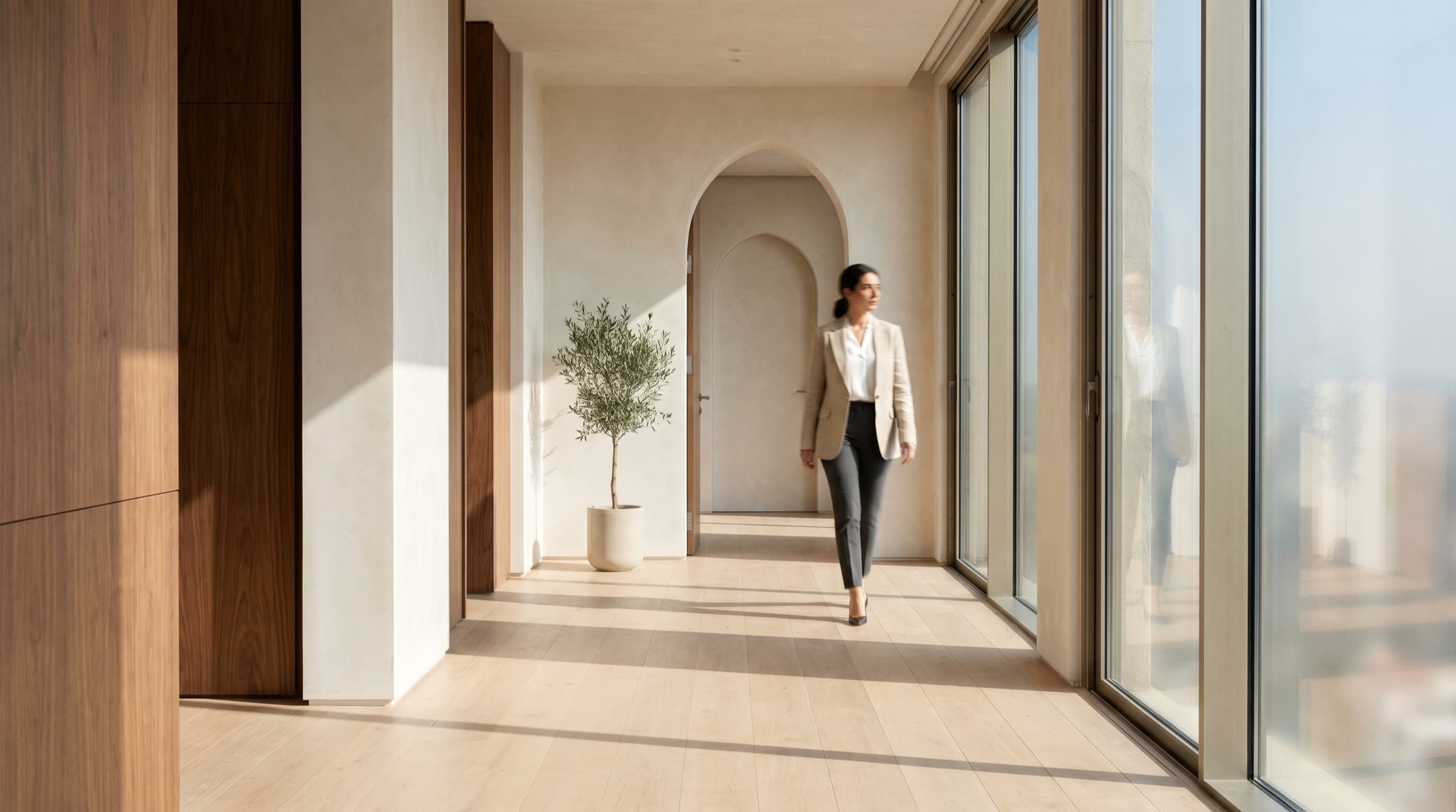 Calm sunlit corridor inside an intellectual-property consultancy in Beirut
