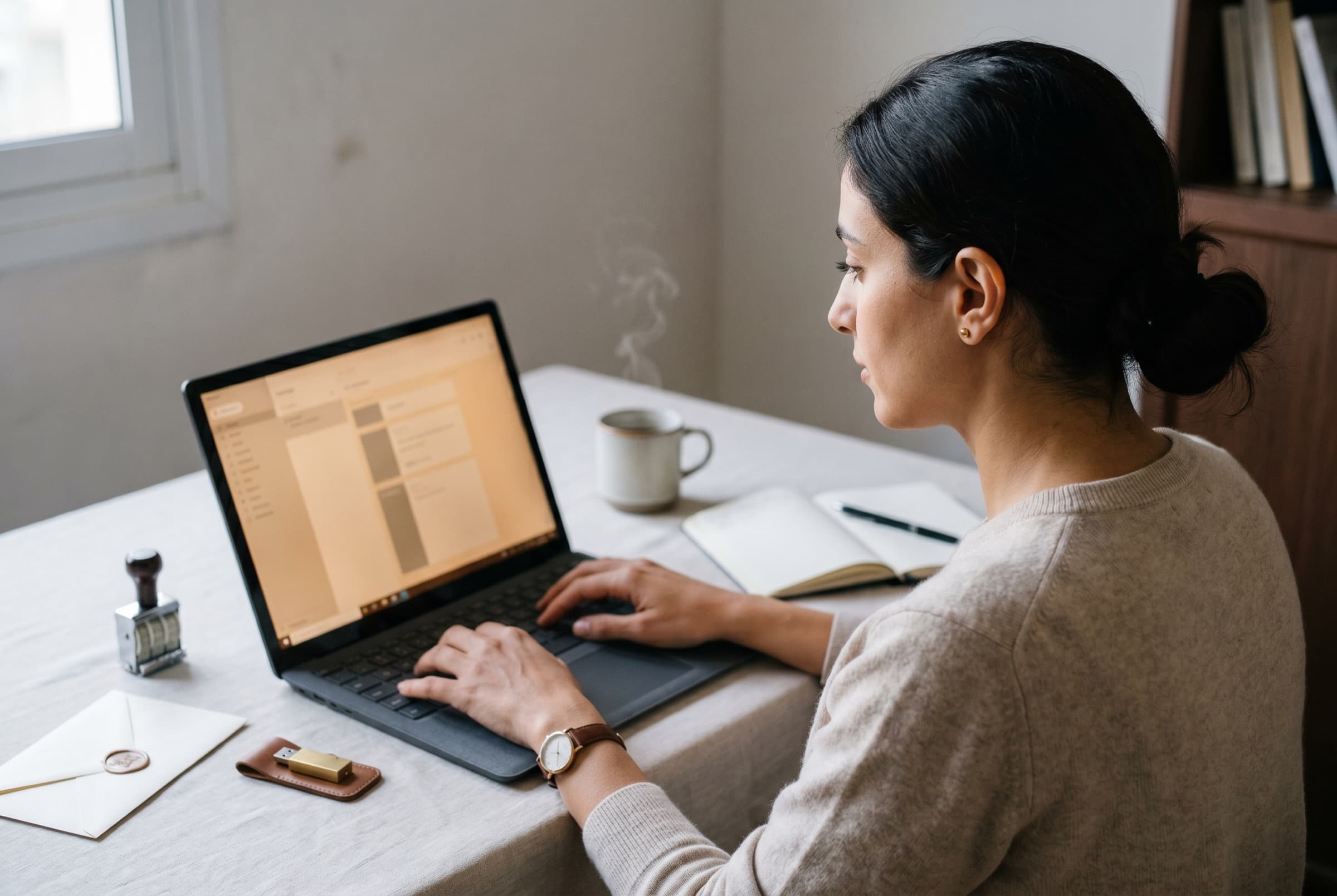 A solo creator at her workspace mid-typing, with a sealed registration envelope, brass date-stamp tool and USB drive arranged beside her laptop