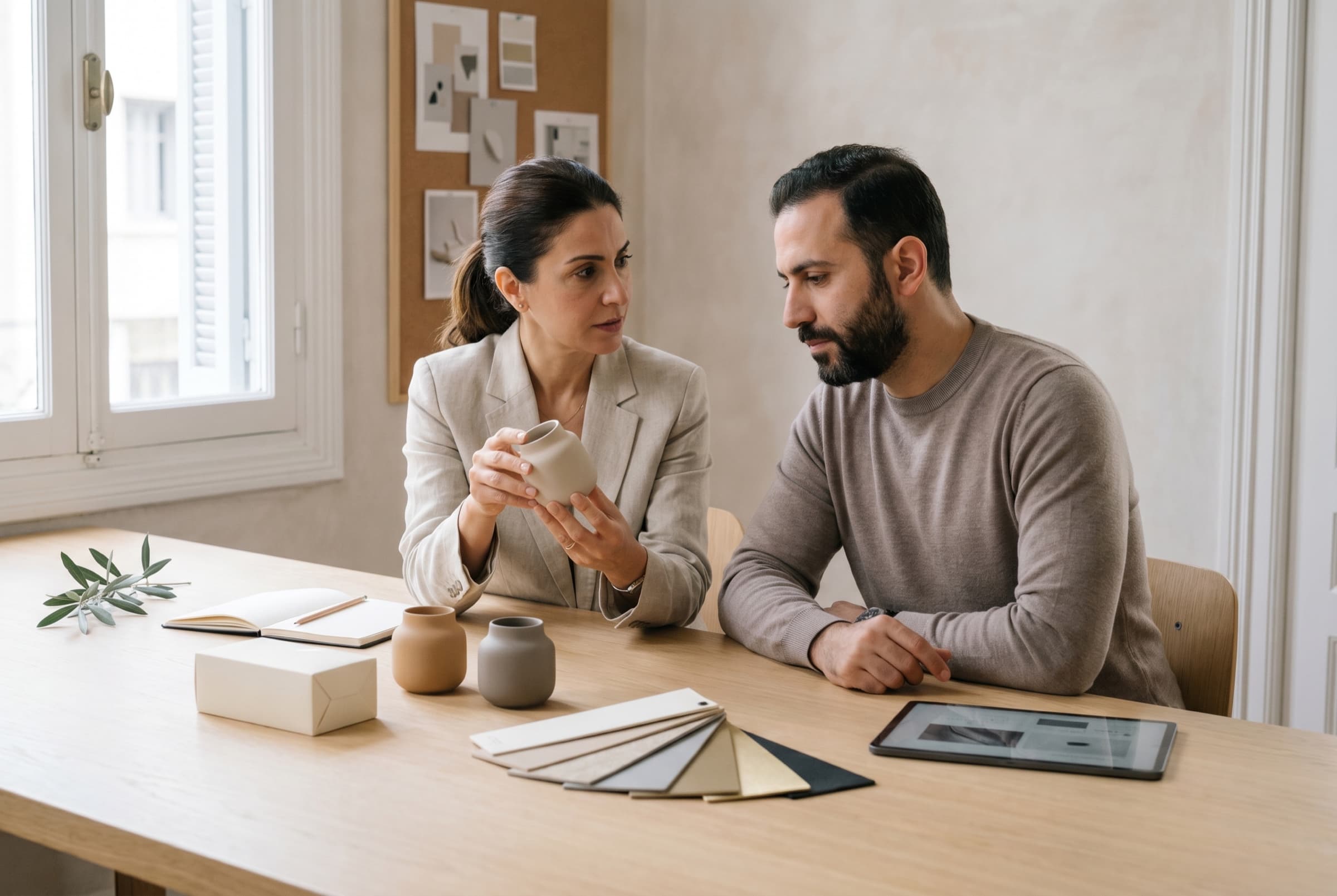 A senior IP consultant and a designer reviewing unbranded industrial-design samples and packaging mockups at a Beirut consultancy worktable