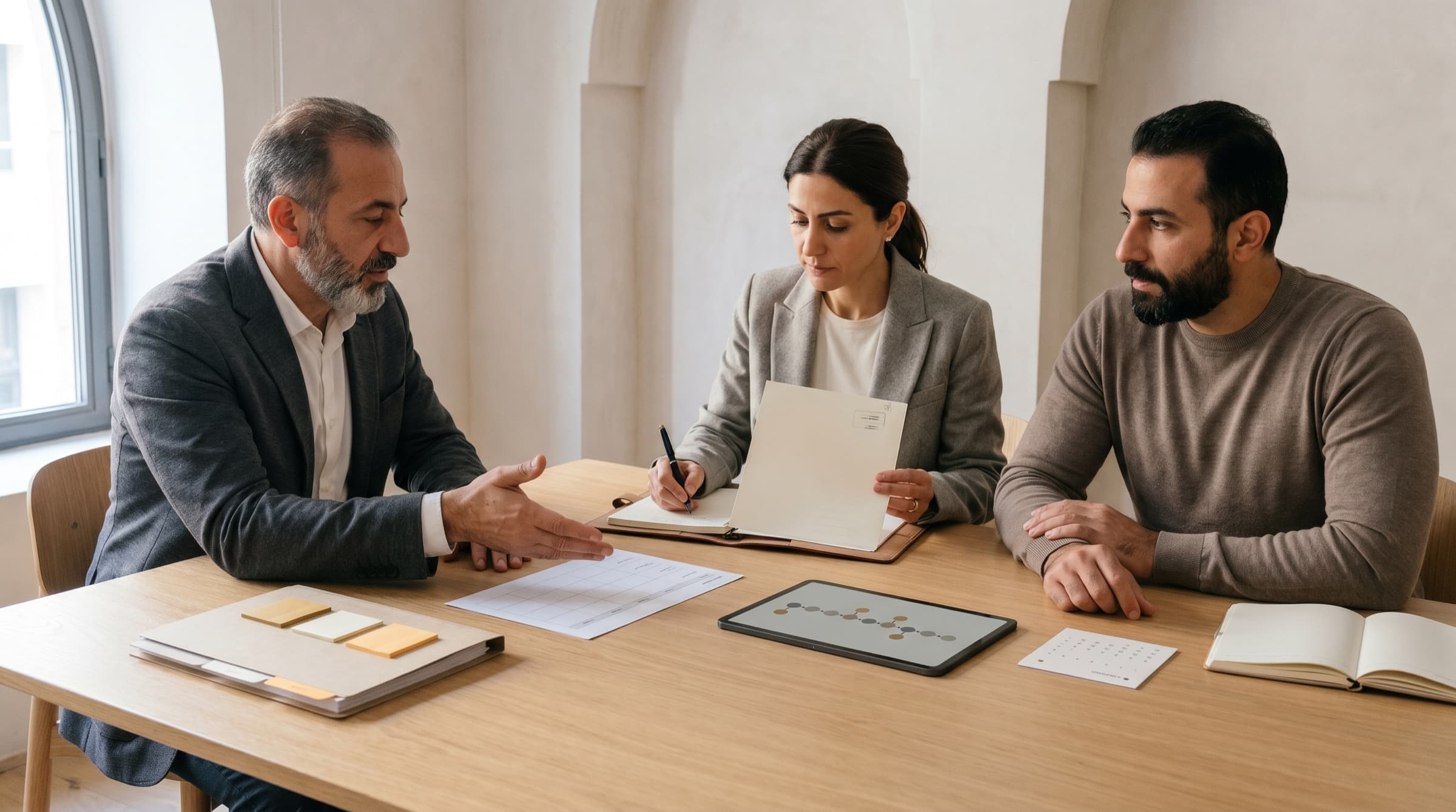 A senior IP consultant, a brand owner and a legal advisor reviewing an infringement case at a Beirut consultancy meeting table