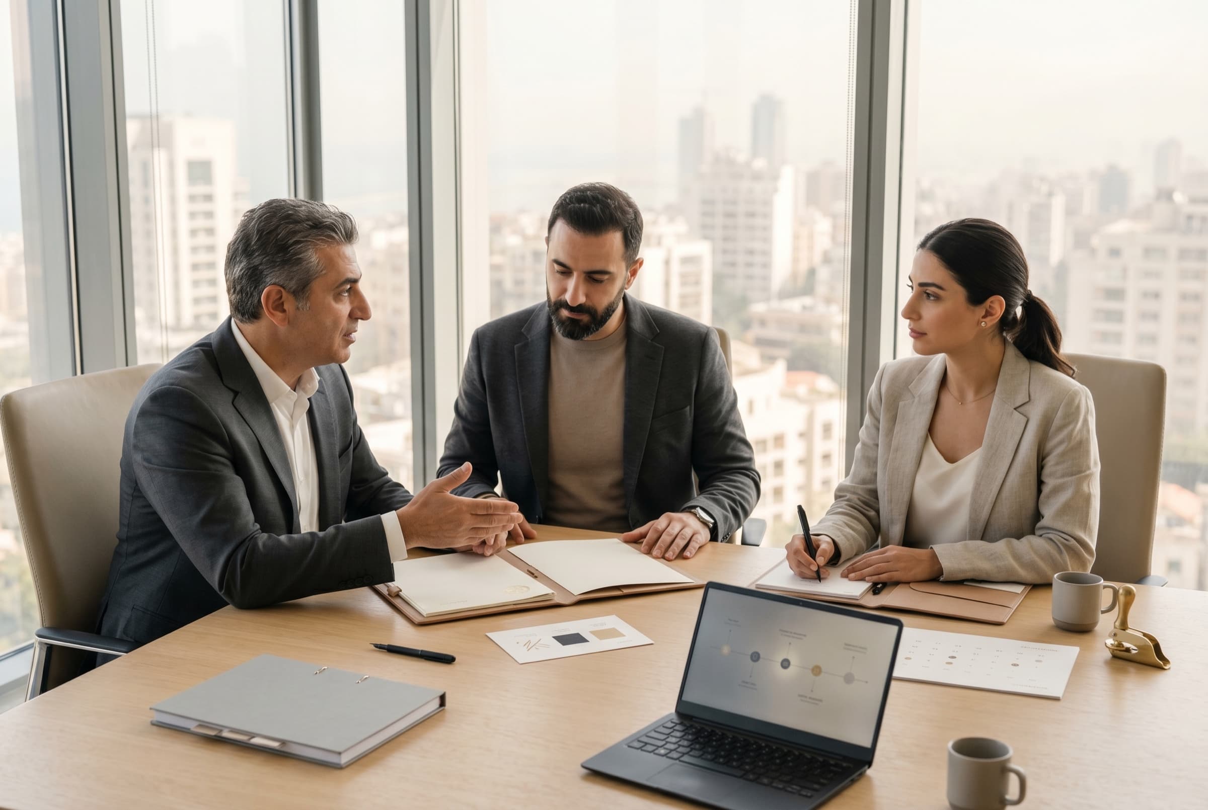An IP consultant and two co-founders mid-discussion in a high-rise Beirut meeting room reviewing incorporation papers and a brand-identity board
