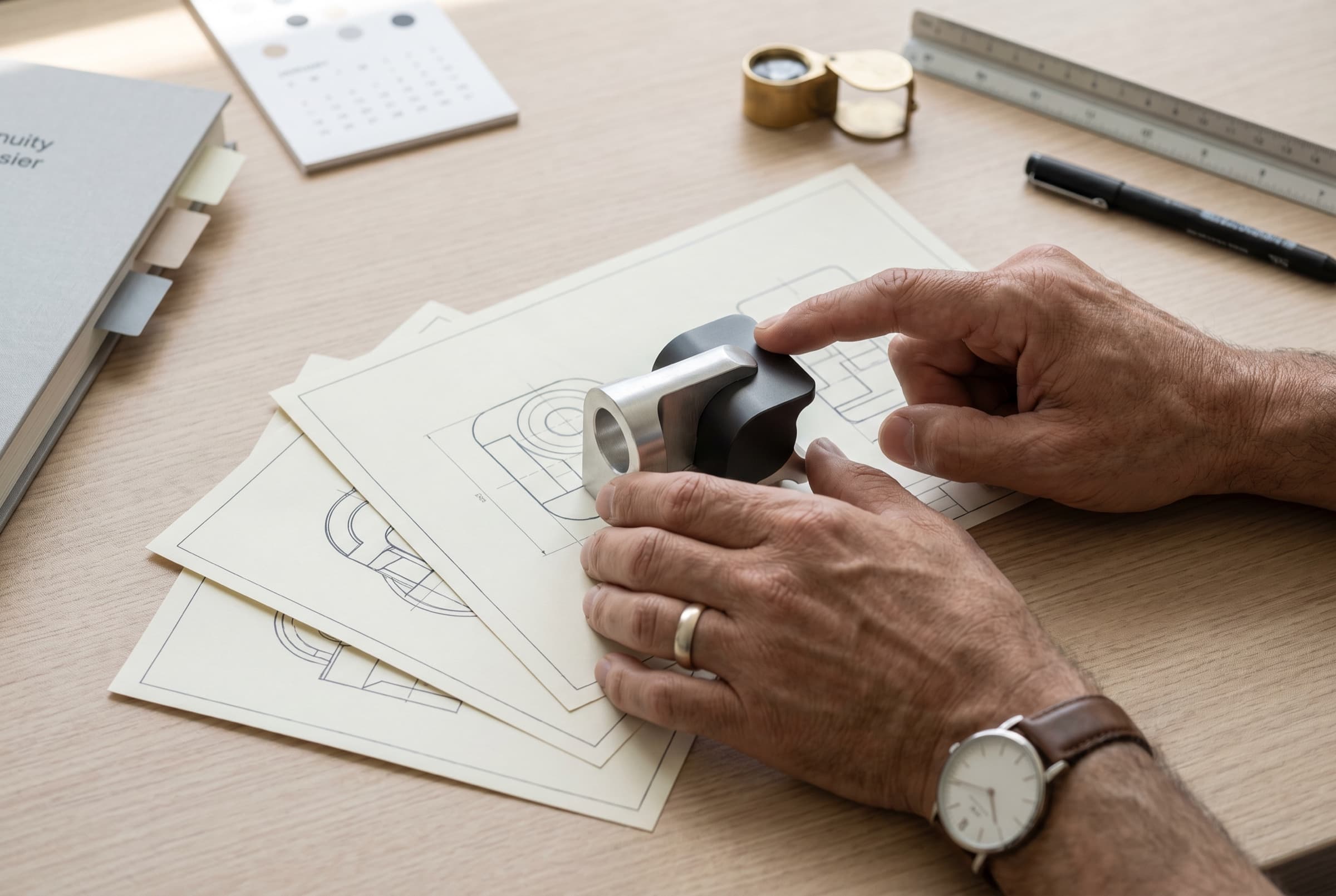 A patent professional studying a wall display of abstract patent technical drawings arranged as a cross-border patent family