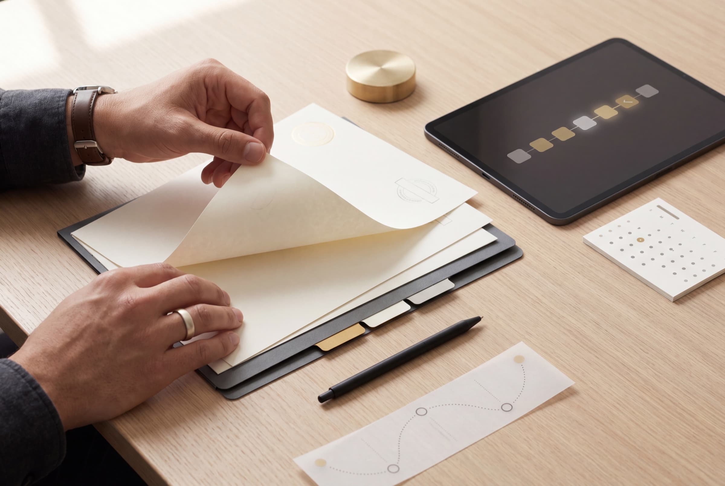 A hand reviewing trademark application documents on a calm consultancy desk